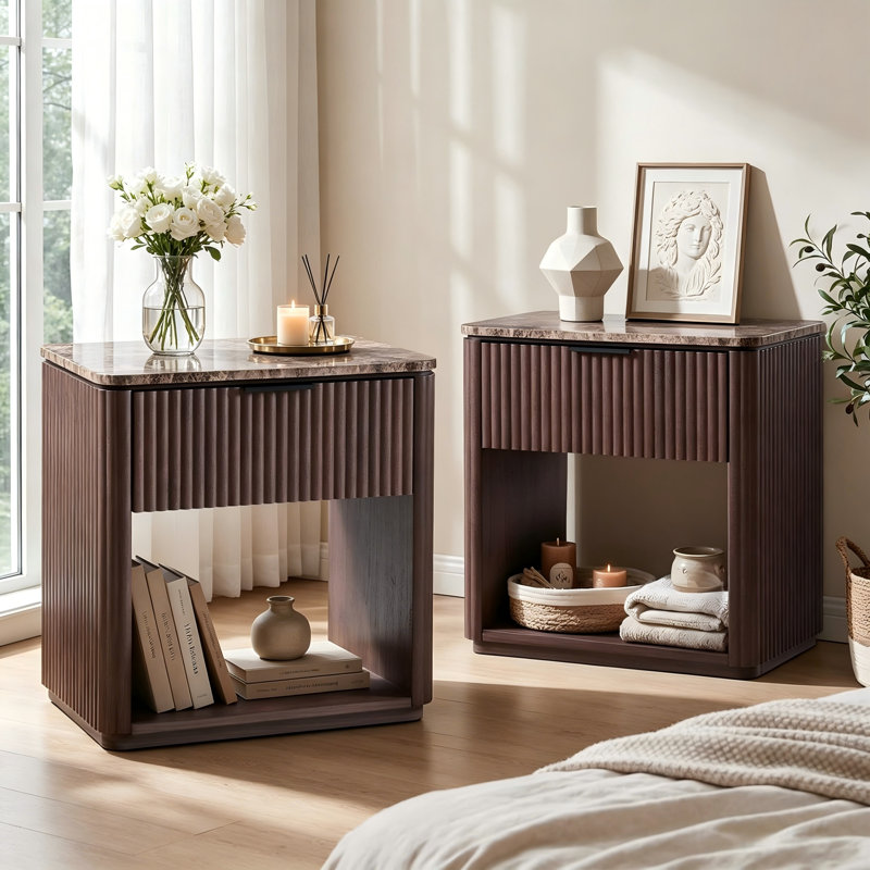 Fluted Nightstand Set of 2 With Faux Marble Top & 2" Thick Panels, 3-Sided Fluted Bedside Table Round Corner, Brown Oak