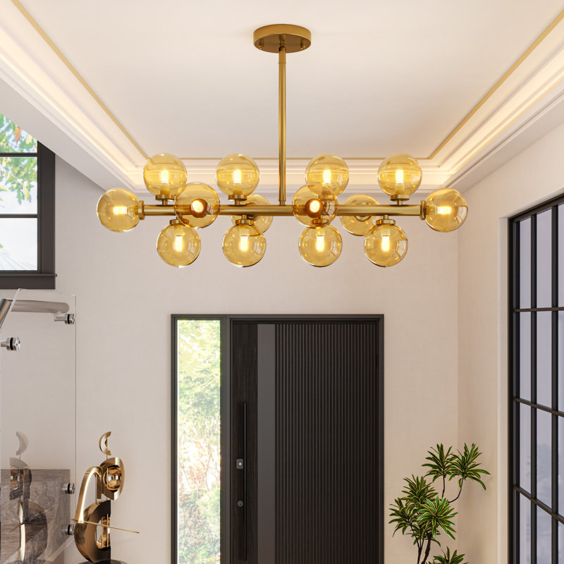  Ether 14-Light Modern Gold Sputnik Linear Chandelier Amber Glass 3000K G9 Bulbs Included Height Adjustable for Dining Rooms