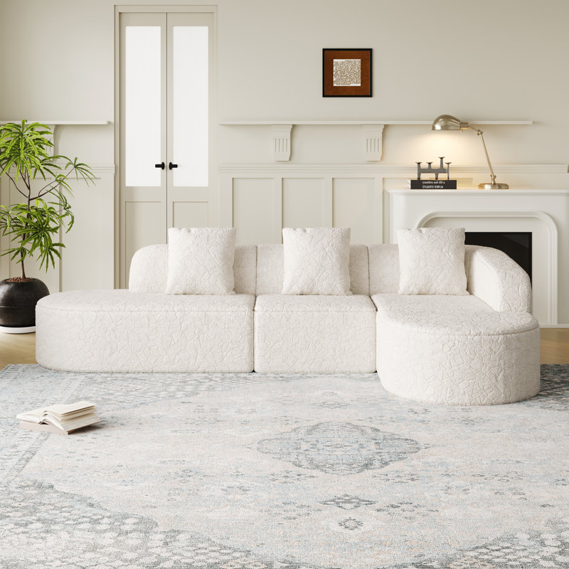 Miloa Boneless 111.8-Inch Curved Modular Sofa With Lychee-Textured Polyester And Extra-Wide Chaise Lounge, Right Hand Facing