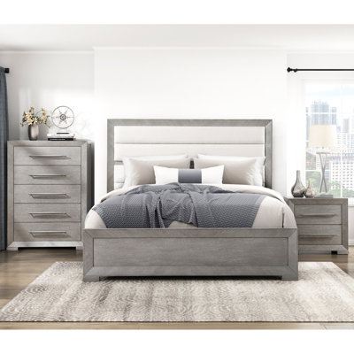 Table de chevet grise moderne pour la chambre à coucher avec 2 tiroirs à roulement lisse et poignées de ton, largeur de 17 pouces avec rangement large