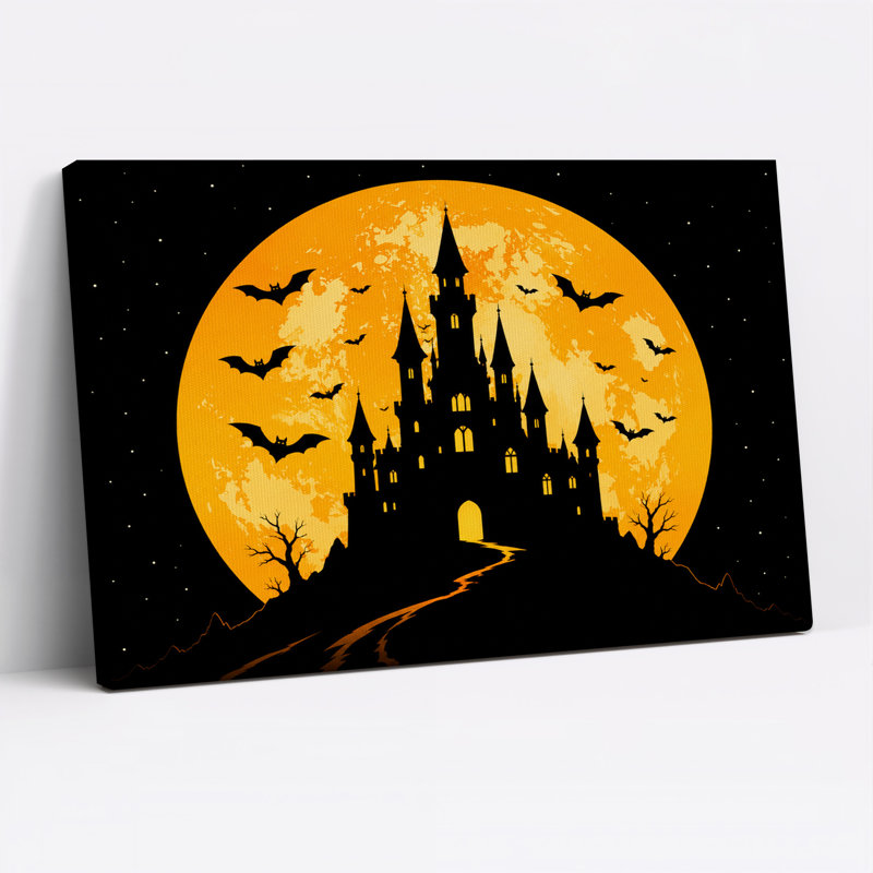 Silhouette de château noir avec chauves-souris et lune orange, H 36 po x l 48 po