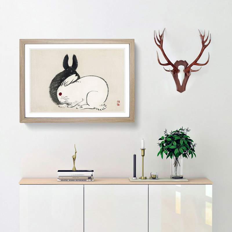 Black and White Rabbits by Kono Bairei - Picture Frame Painting Print, Oak Framed, 27cm H x 36cm W x 2cm D