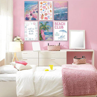 6Pcs Pink Coastal Beach Wall Art Blue Beach Umbrella Pictures Surfboards Posters Surfing Print Coastal Seashell Painting Beach Granddaughter Aesthetic Canvas Preppy Teen Girls Wall Decor Framed