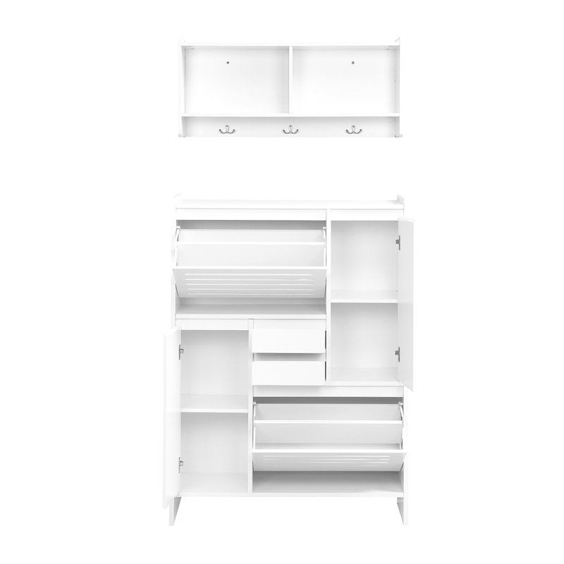 Multi-Functional Tipping Bucket Shoe Cabinet With Wall Cabinet, Space-Saving Design Foyer Cabinet With 2 Flip Drawers, Versatile Side Cabinet For Hallway