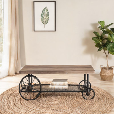 Rectangular Coffee Table with Open Shelf in Oak and Antique Grey, 47 Inch Length, Wood and Steel Construction, Industrial Wheels