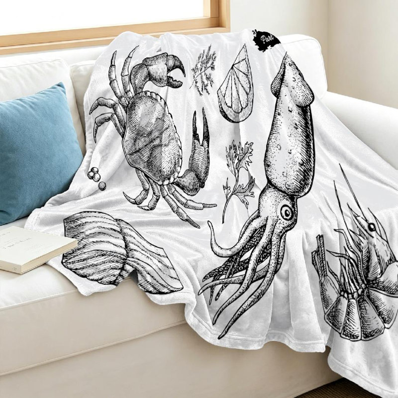 Jeté en flanelle bleue ultra douce, ensemble de fruits de mer dessinés à la main, impression d'un côté, Throw 40" x 50"