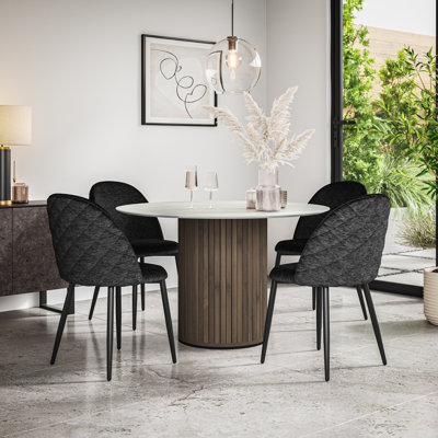 Arlo White Marble Table Top W Oak Legs + Raye Velvet Dining Chair Mustard Set Of 4 