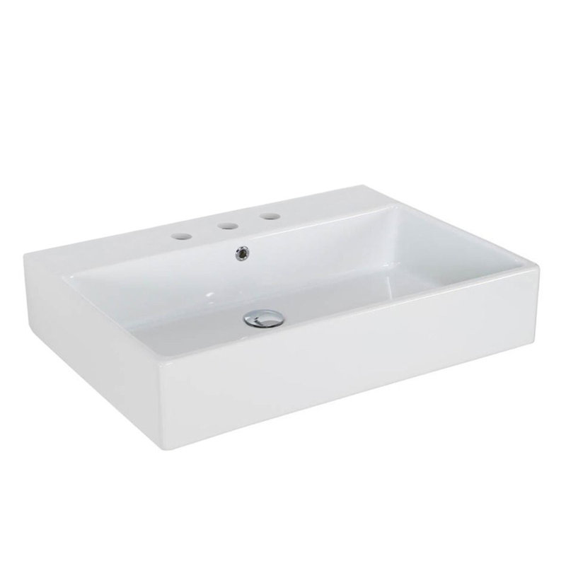 Lavabo de salle de bain vasque rectangulaire simple en céramique avec trop-plein, Trois trous