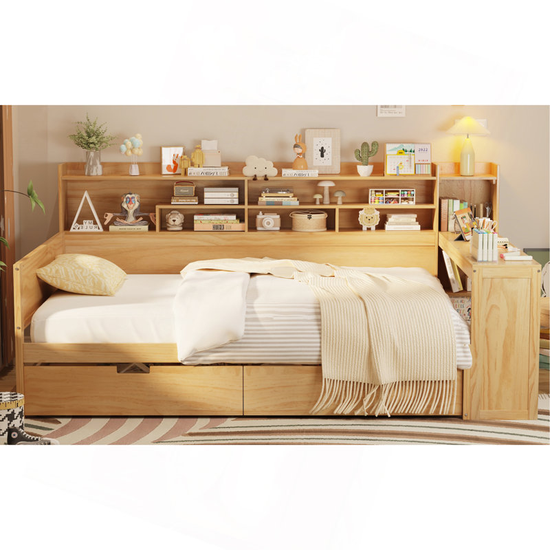 Lit de jour multifonctionnel en bois avec rangement et bureau d'étude pour tous les besoins, Naturel