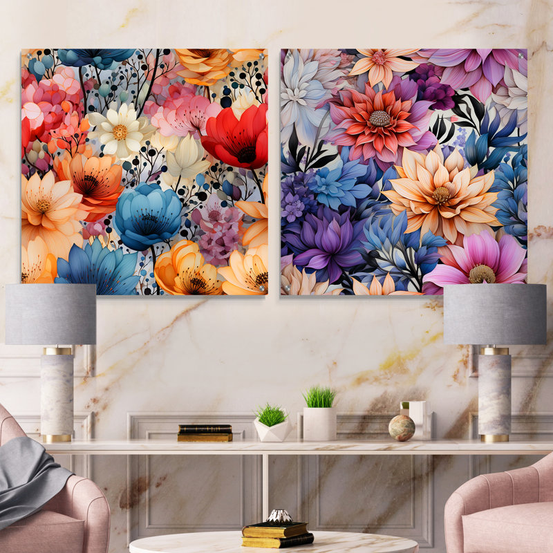 Multicolor Watercolor Fantasy Floral Pattern - Floral Acrylic Wall Art Glass Set Of 2, 30" H x 61" W