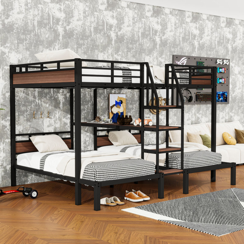 Metal Triple Bunk Bed With Storage Shelves, Queen Over Twin/Twin