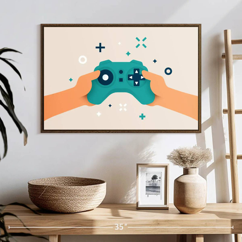 Caricature de manette de jeu vidéo, Cadre flottant blanc, 31 po x 21 po