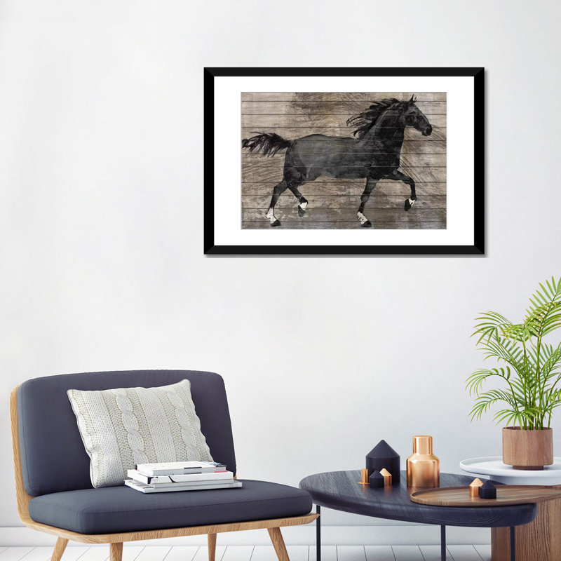« barnwood cheval », impression sur toile, H 16 po x l 24 po x P 1 po, Papier d'art encadré noir, Blanc