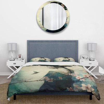 Vintage Japanese Woman With Cherry Blossoms - Woman Asian Duvet Cover Set - Microfiber Polyester