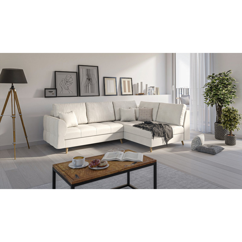 Corner Sofa with Wooden Legs In Scandinavian Style Knutsford, Ecru, Right Hand Facing