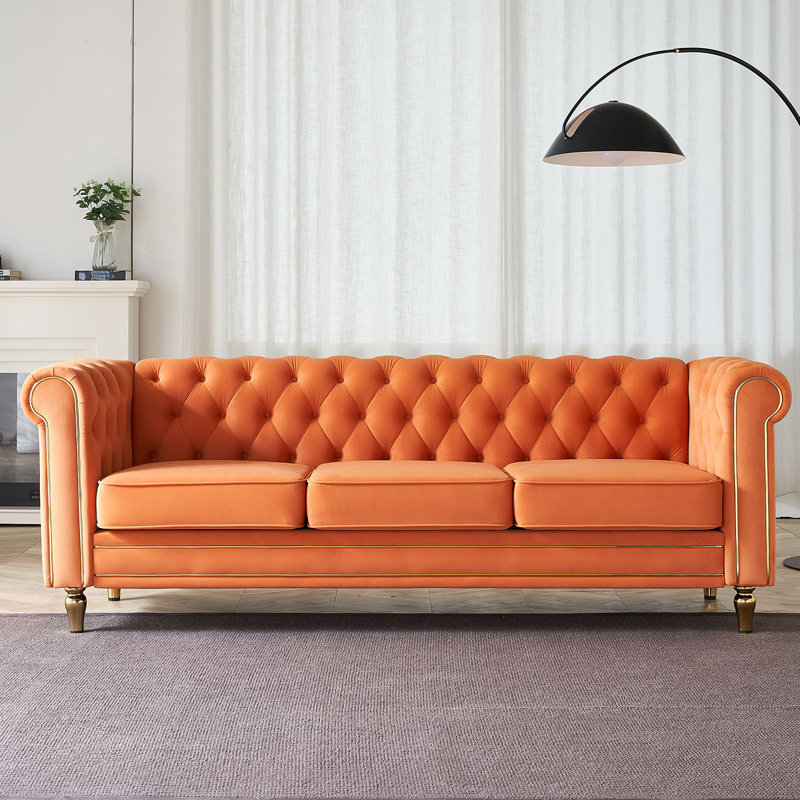 Gevon Velvet Roll Arm Sofa, Chesterfield Sofa for Living Room Upholstered with Smooth,Breathable Fabric, Orange