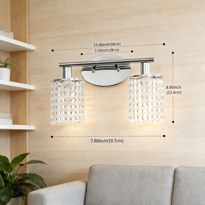 Luminaire de meuble-lavabo moderne avec guirlandes de cristal, applique murale en chrome poli à 2 lumières pour miroir, salon et entrée