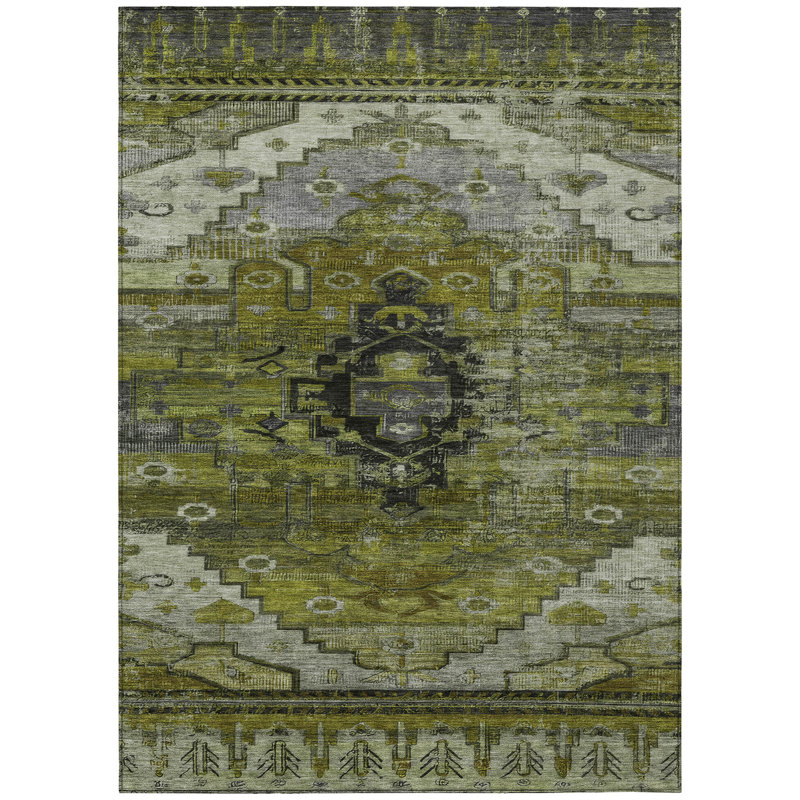 Machine Washable Indoor/Outdoor Xhevrie Olive Rug, Rectangle 5' x 7'6"