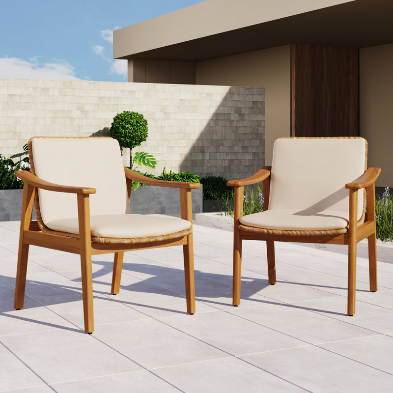 Outdoor Dining Chairs Set of 2, Teak/ Beige