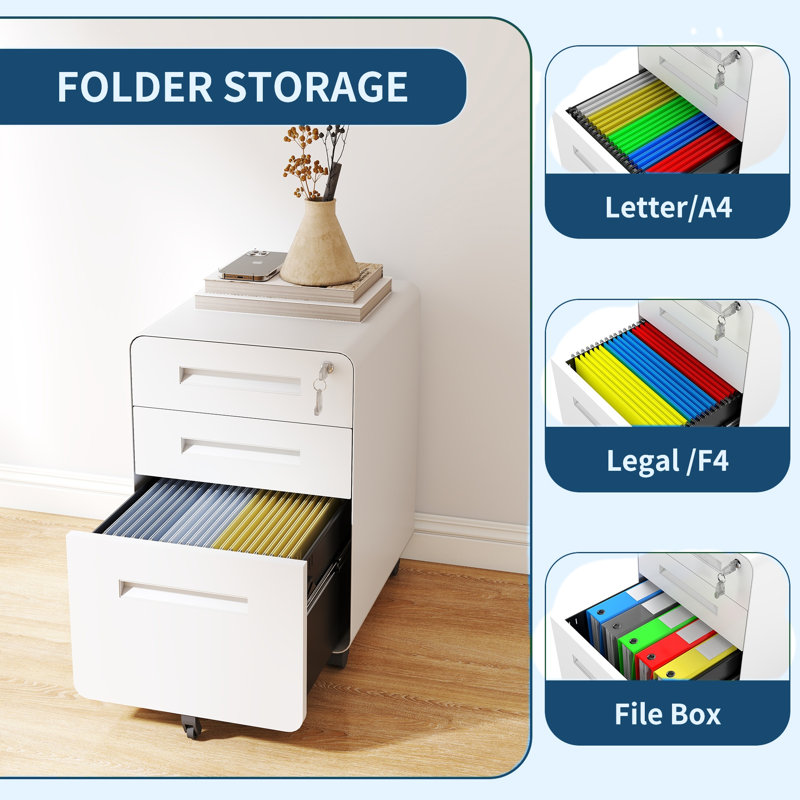 【3-drawer Wide Mobile File Cabinet With Lock】– All-steel Metal, 360° Casters, Fully Assembled, White, Holds A4/letter Files (110lbs/drawer) For Home & Office