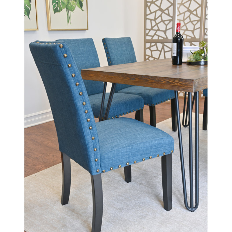 Table à manger moderne avec table en épingle à cheveux, 4 chaises et banc élégants, plateau en bois d'ingénierie, Bleu