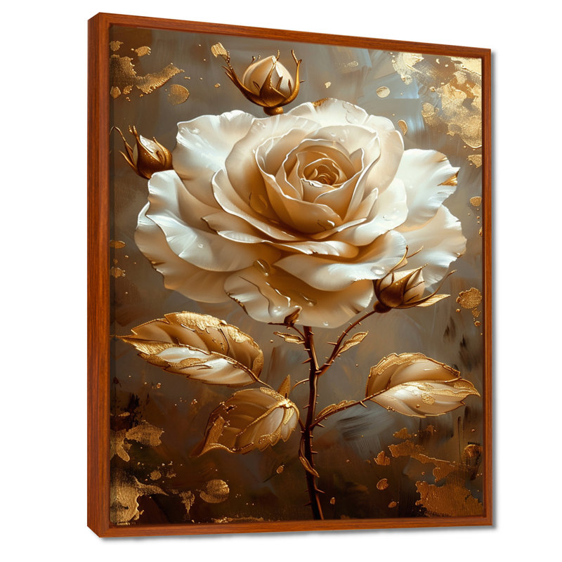 Or blanc doré doré feuilles dorées - rose, art mural, Toile avec cadre flottant brun, H 40 po x l 30 po x P 1,5 po