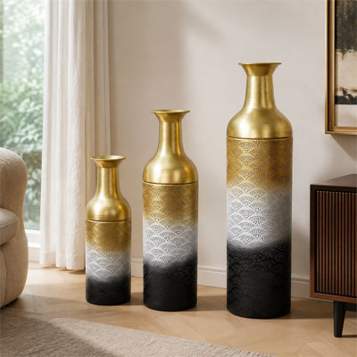 Ensemble de 3 vases de sol en métal avec motif de feuilles, blanc doré