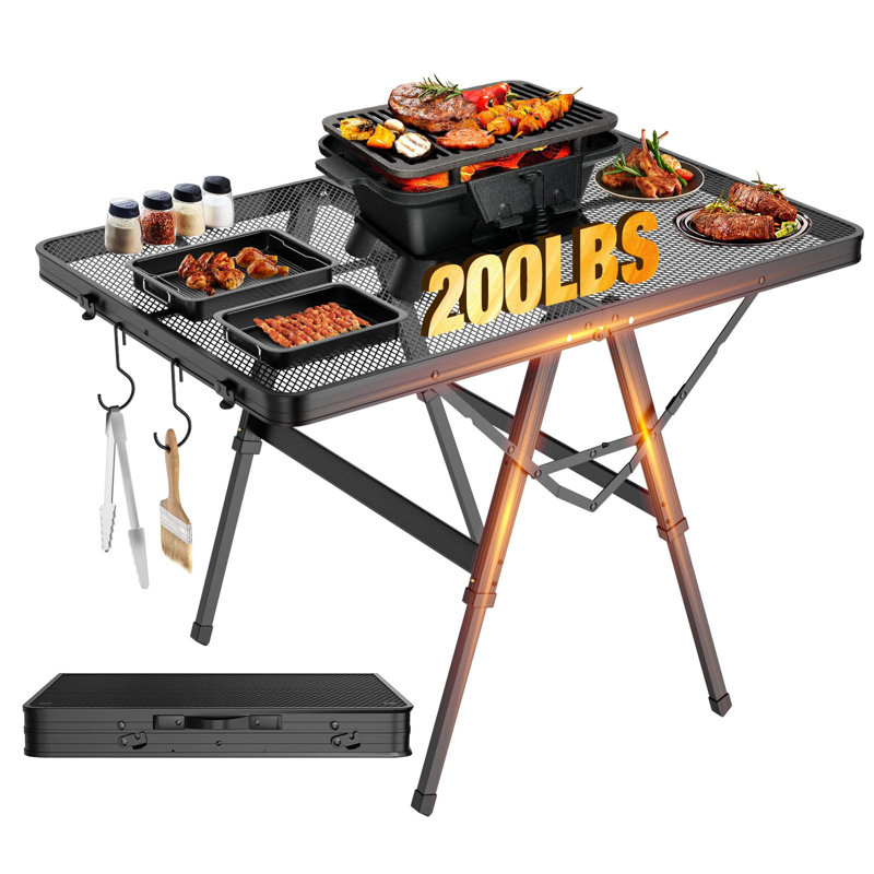 Foldable Grill Table With Mesh Desktop, 200Lbs 3Ft Portable Folding Table, Height Adjustable Metal Table