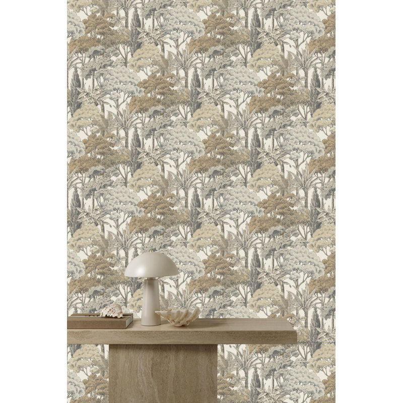 Papier peint texturé non tissé doux et ambré à motif de palmiers et d'arbres tropicaux Pi., Brun