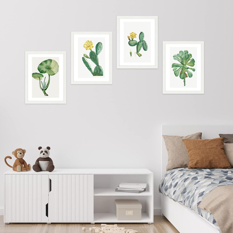 «Green Blooming Flower», ensemble de 4 fleurs de cactus du désert, impression murale encadrée sur papier, impression de 4 pièces