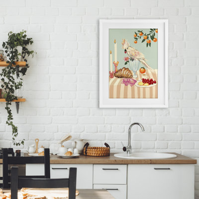 Petit déjeuner avec un oiseau cockatiel, reproduction encadrée sous verre, design par Florentina Dolci