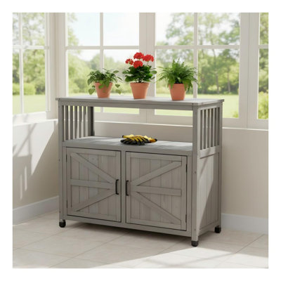 Outdoor Wooden Storage Cabinet & Patio Buffet Table with Barn Doors - Solid Fir Wood Console Sideboard for Backyard