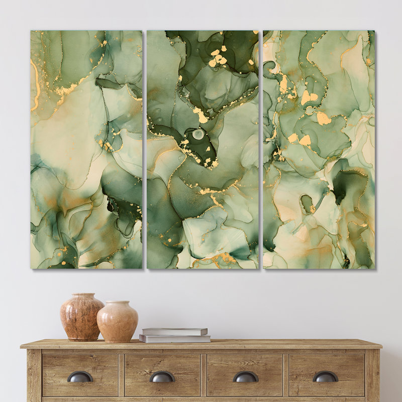 Abstrait vert luxueux, art fluide sur toile moderne - Art fluide de luxe I, H 28 po x l 36 po x P 1 po