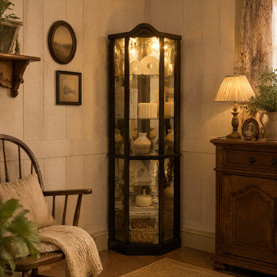 Armoire vitrée d'angle lumineuse en verre, armoire à vin et bar sculptée avec tablettes réglables, idéale pour la maison et le bureau, finition noire