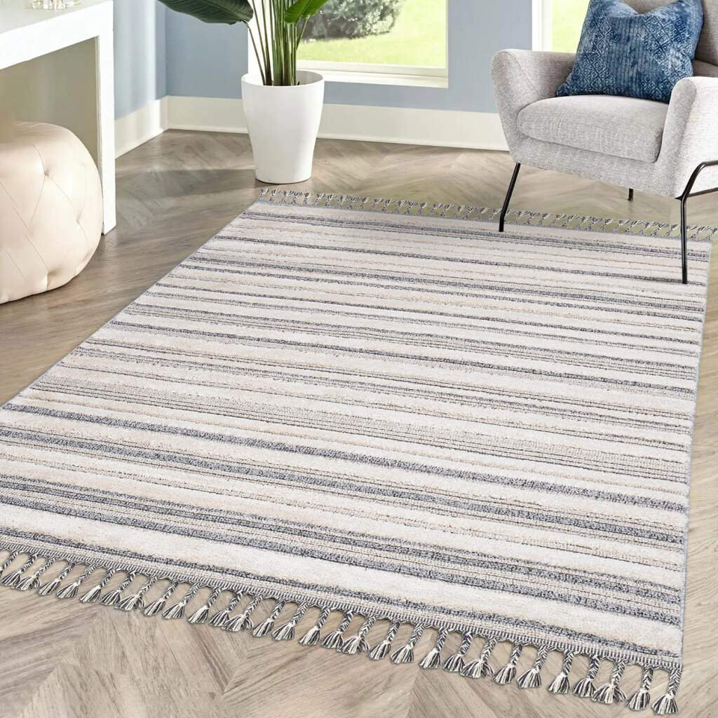 Teppich Boho-Stil Graublau Creme Streifen-Muster Relief-Optik 3D-Effekt Cut-&Loop Sisal Moderne Fransen Accokeek