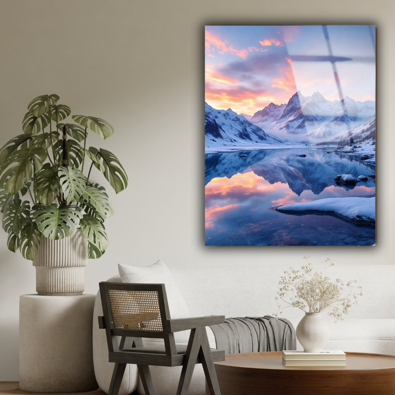 Hiver neige paysage de montagne - art mural neige, coucher de soleil en verre trempé, H 40 po x l 30 po