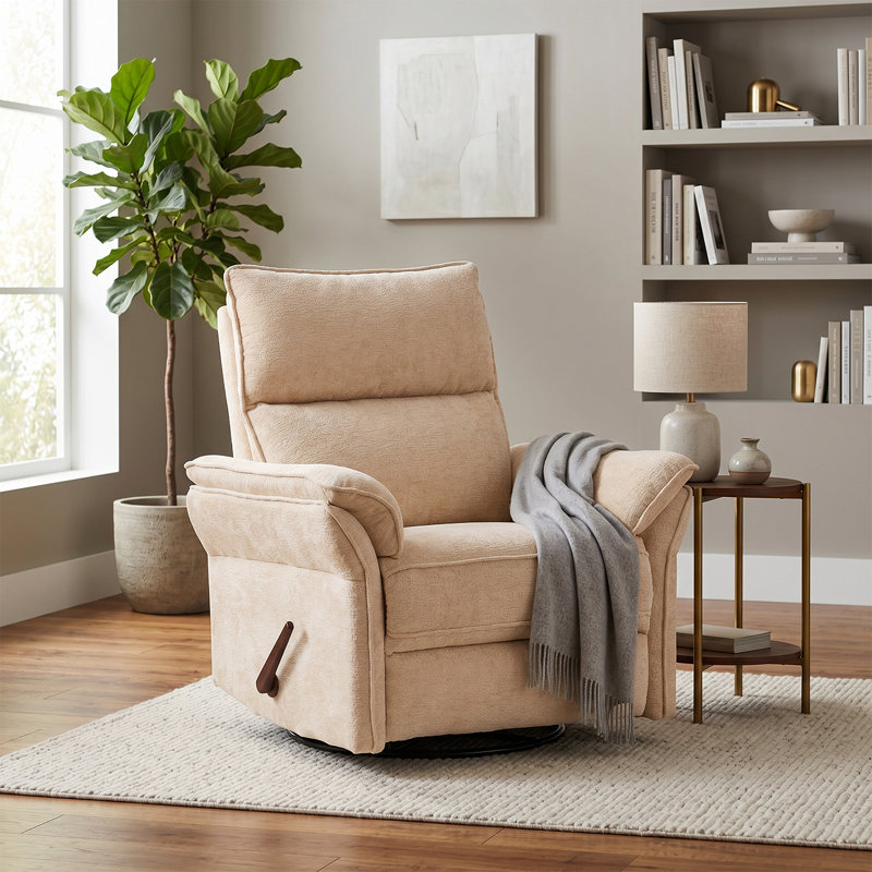 Oversized Recliner Chair, 26" Extra Wide 360° Swivel Rocker Recliner with Adjustable Headrest, Chenille Glider Rocking Nursery Chair with Overstuffed Armrest, Lumbar Support，Beige
