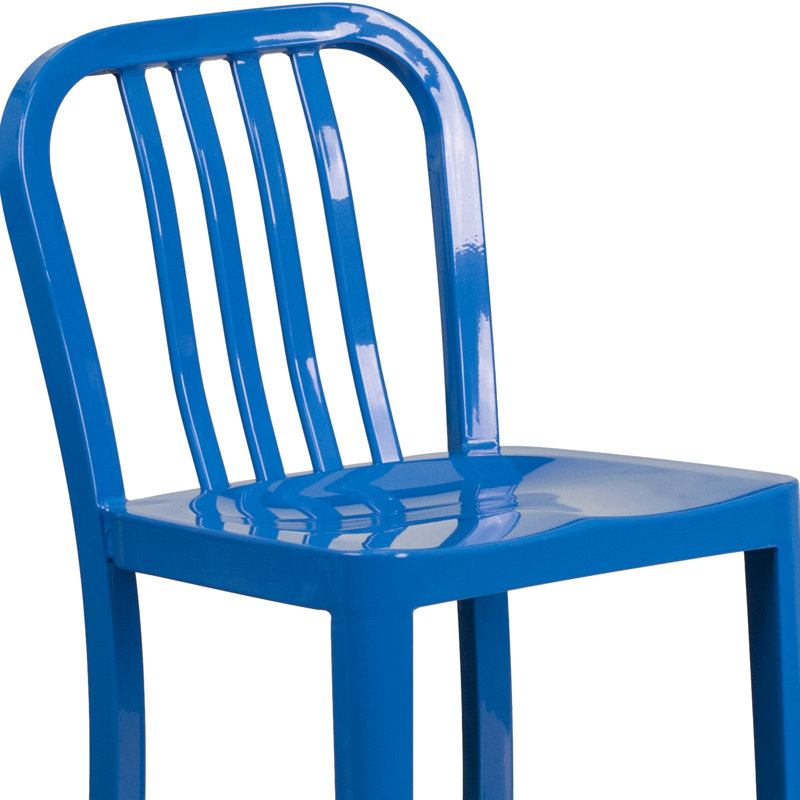 Commercial Grade Metal Indoor-Outdoor Stool with Vertical Slat Back, Blue, Counter Stool (61cm Seat Height)