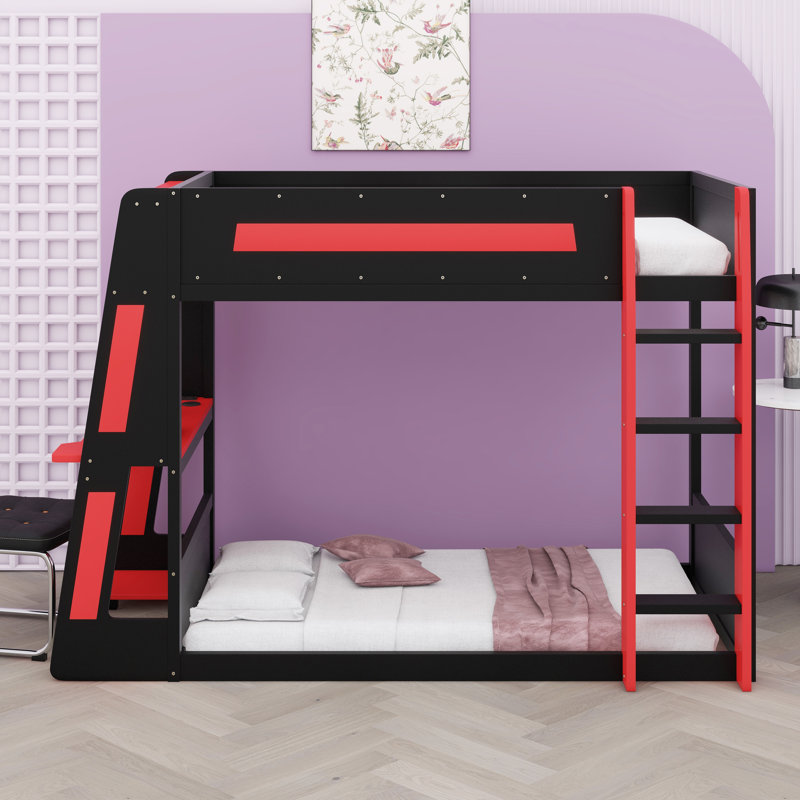Lit superposé en bois avec bureau, Noir / Rouge