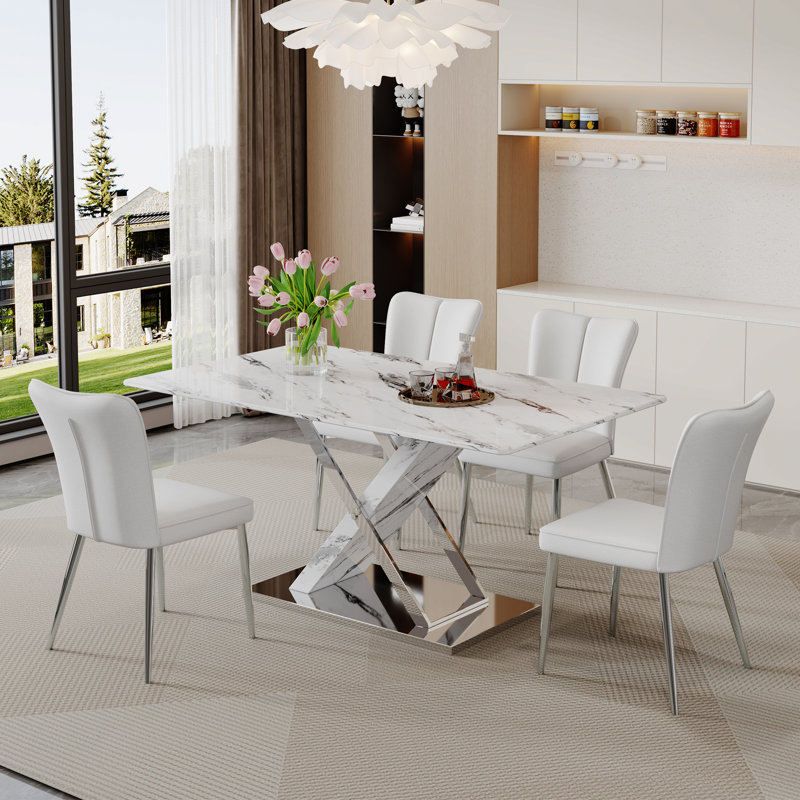 Modern 63" Rectangular Faux Marble Dining Set with Faux Leather Chairs, White, 5