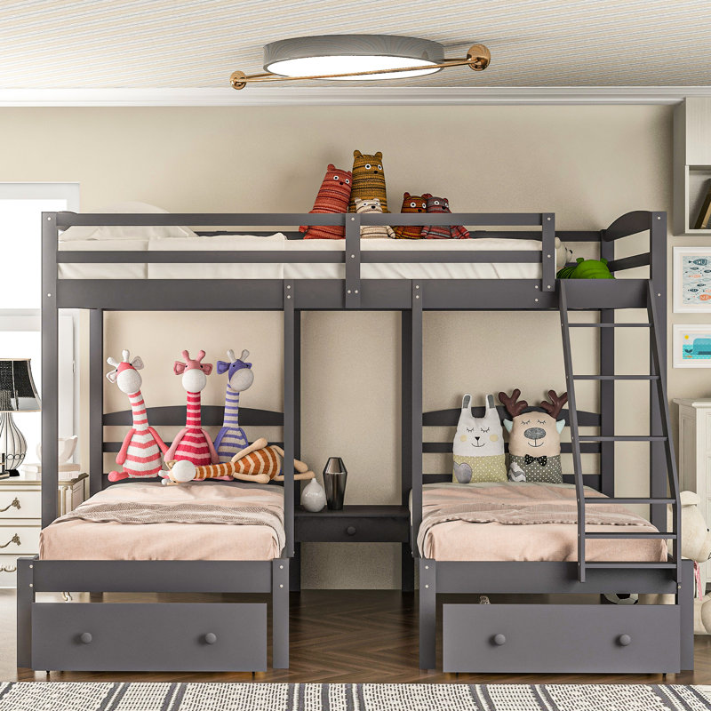 Gray Triple Bunk Bed With Drawer Functionality And Efficient Design - Solid Pine , Space Saving For Bedrooms Practical Made, User-