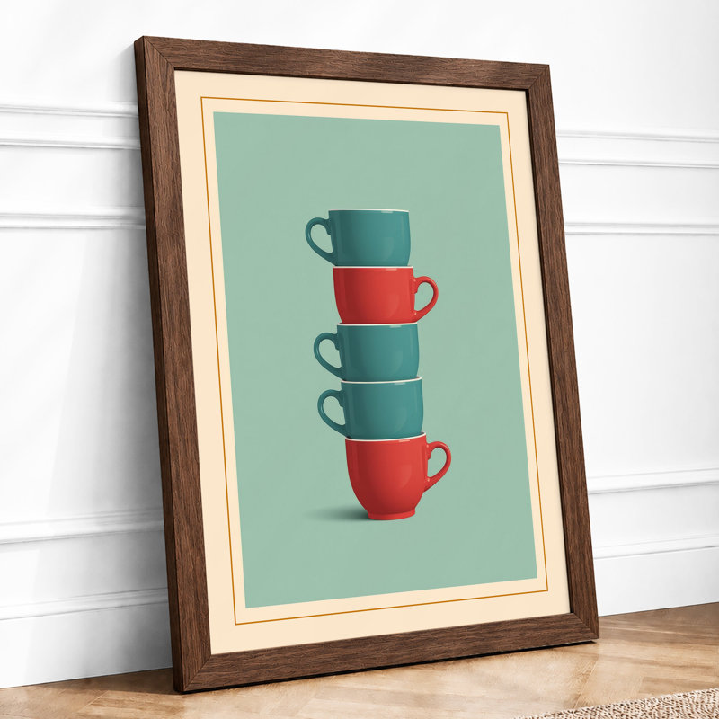 Stacked Ceramic Mugs Mid-Century - Framed Print, A2 - 59.4 x 42.0 cm, Walnut