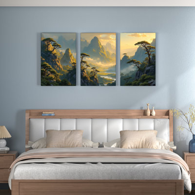Paysage de montagne avec pin et lac brumeux, art mural sur toile, reproduction de peinture à l'huile (ensemble de 3)