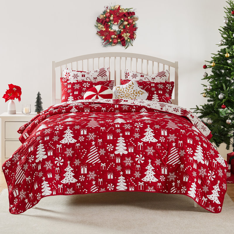Ensemble de couvre-lit rouge à motif de menthe poivrée 3 pièces Greenland Home Fashions, 105 x 95 po, Peppermint Party