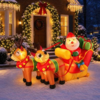 6 FT Christmas Inflatable Decoration, Santa Claus on Sleigh with 2 Reindeers Inflatable Yard Decor, Built - in LED Lights for Outdoor Lawn Garden Holiday Party