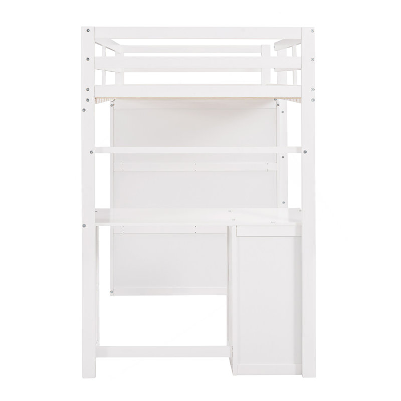 Lit mezzanine avec tiroirs, bureau et garde-robe, Lit simple, Blanc