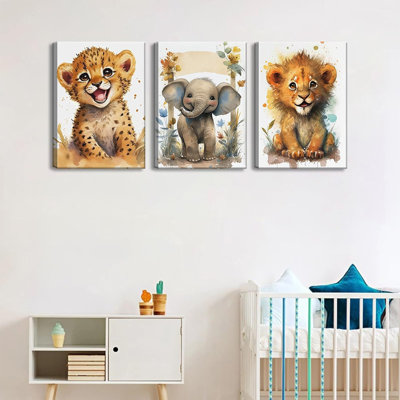 3Pcs Baby Safari Animal Canvas Wall Art Jungle Watercolor Animal Wall Decor Picture Lovely Painting Artwork Kids Room Prints For Boy Girl Room Home Decoration 12X16in