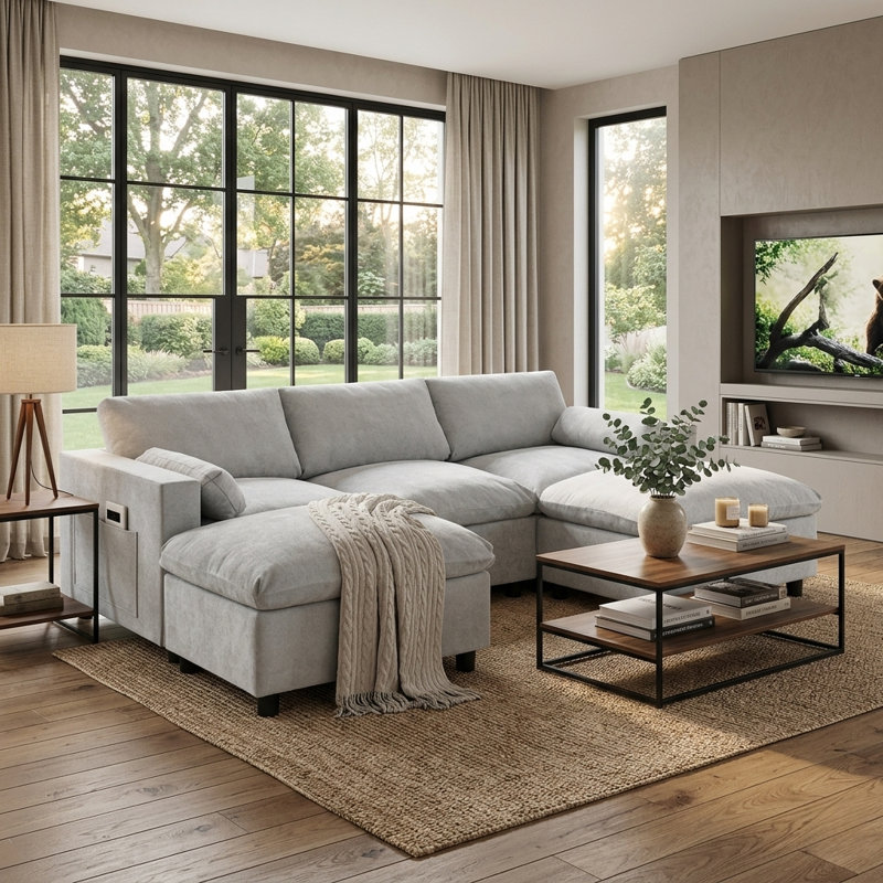 Canapé d'angle modulaire de 215 cm avec 2 poufs amovibles, canapé nuage en forme de U recouvert de chenille avec poches de rangement latérales