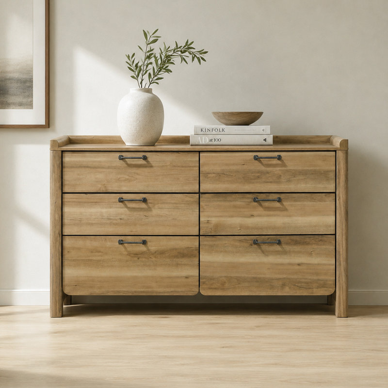 Ensemble de chambre à coucher de style transitionnel 4 pièces, lit tapissier à lumière DEL (sommier requis), table de chevet, commode et commode, finition bois naturel