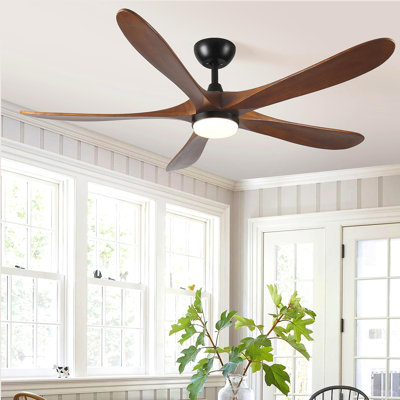 62-inch solid wood ceiling fan with remote control and lighting (LED), modern DC motor indoor/outdoor 5-blade ceiling fan, suitable for patio, bedroom, and farmhouse
